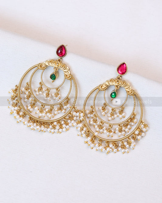 E1194 - Ruby Green Chandbali Earring with Pearl Drops