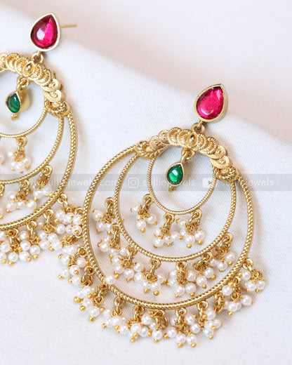 E1194 - Ruby Green Chandbali Earring with Pearl Drops