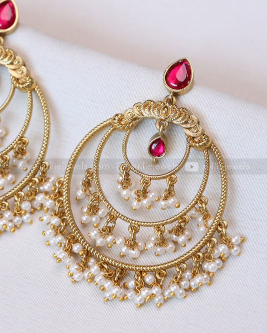 E1192 - Ruby Chandbali Earring with Pearl Drops