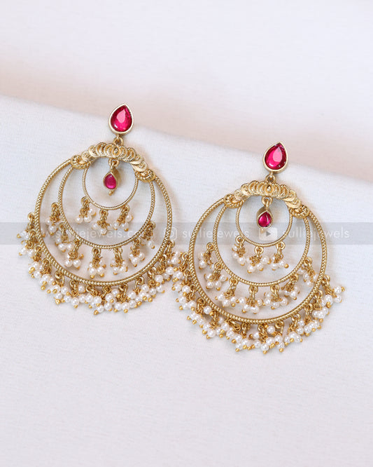 E1192 - Ruby Chandbali Earring with Pearl Drops