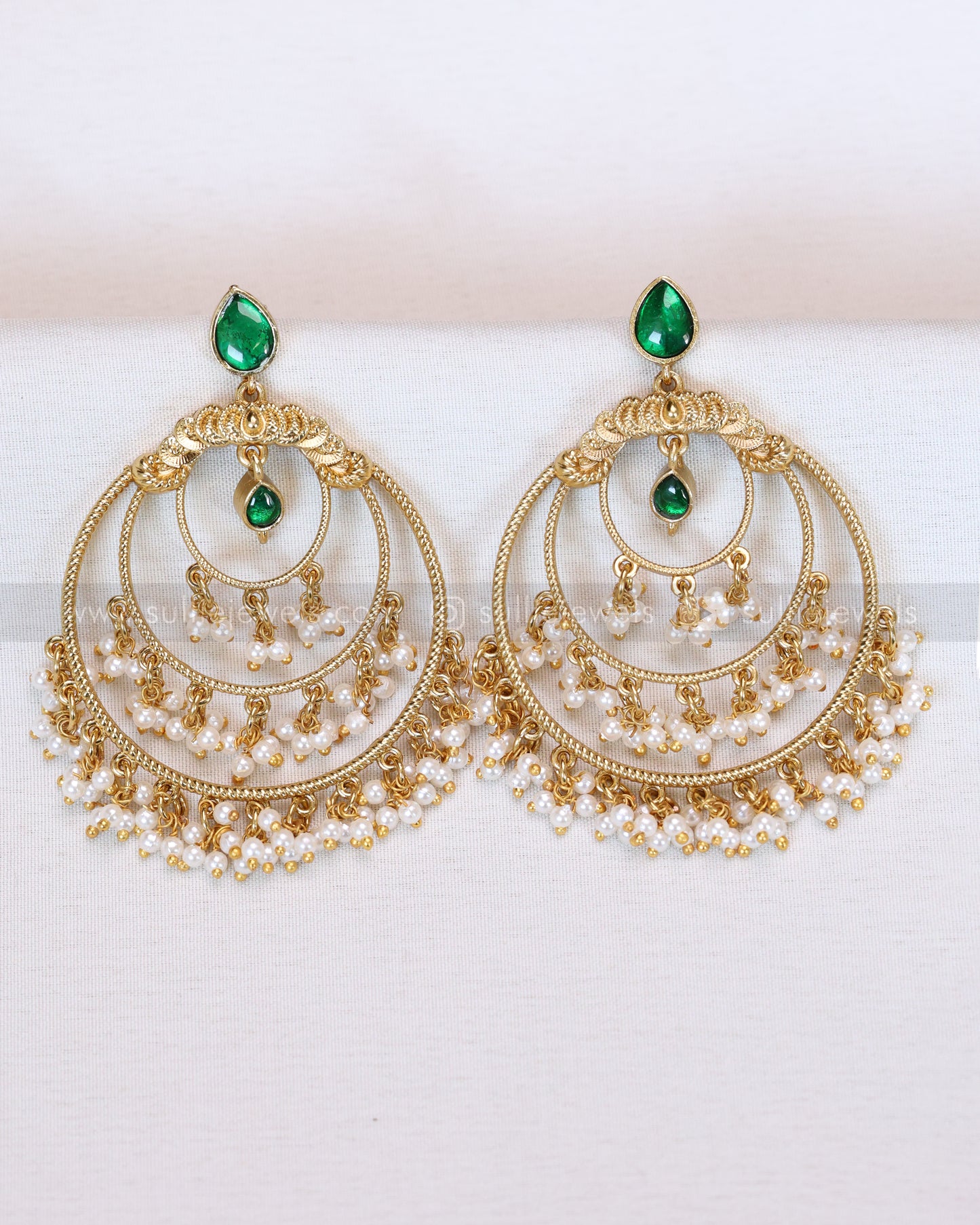 E1193 - Green Chandbali Earring with Pearl Drops