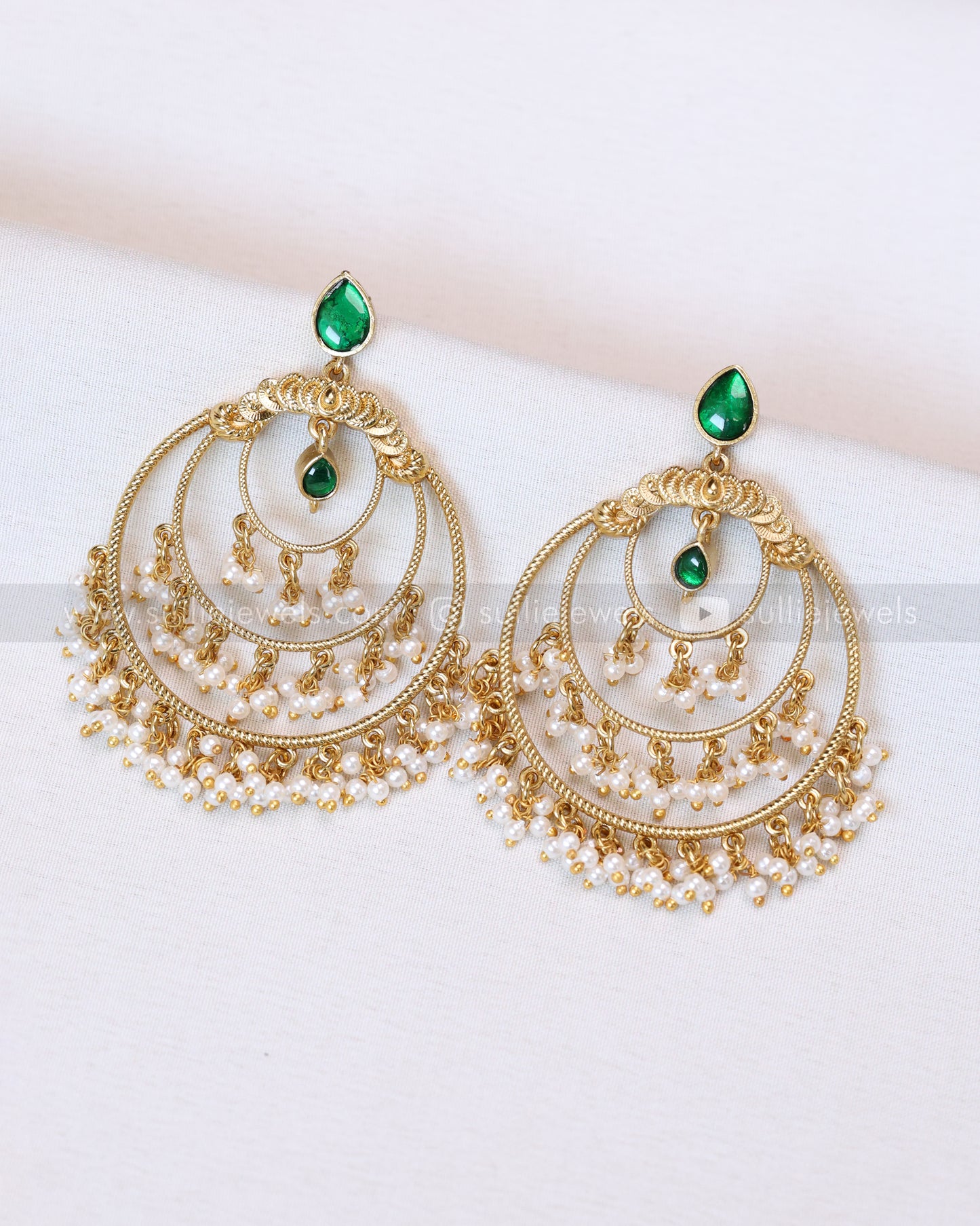 E1193 - Green Chandbali Earring with Pearl Drops