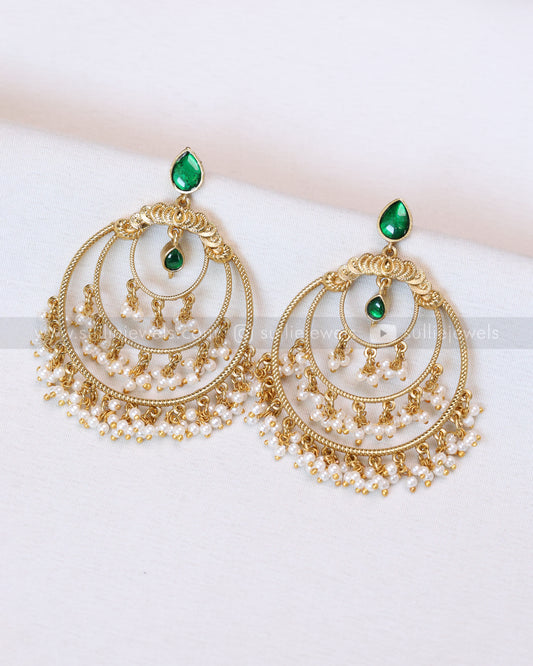 E1193 - Green Chandbali Earring with Pearl Drops