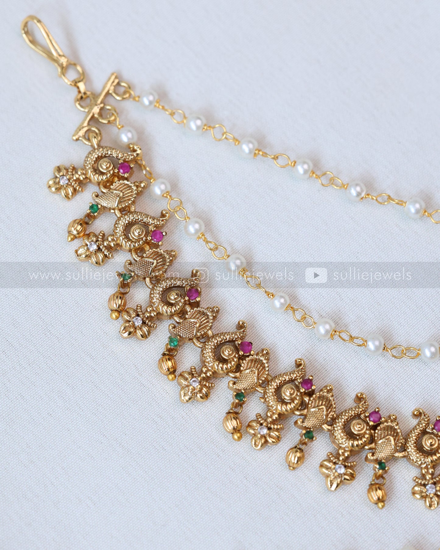 088 - Matt Gold 3 Layer Pearl Matti / Earchain with Gold Beads