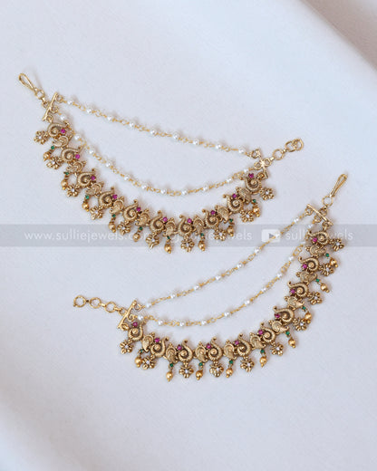 088 - Matt Gold 3 Layer Pearl Matti / Earchain with Gold Beads