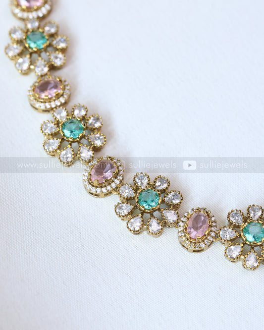 3730 - Pastel Shade Floral Victorian Necklace with Stud