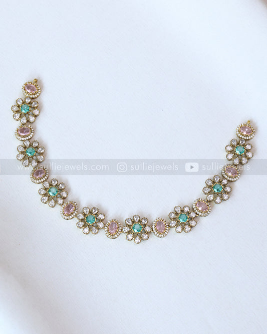 3730 - Pastel Shade Floral Victorian Necklace with Stud