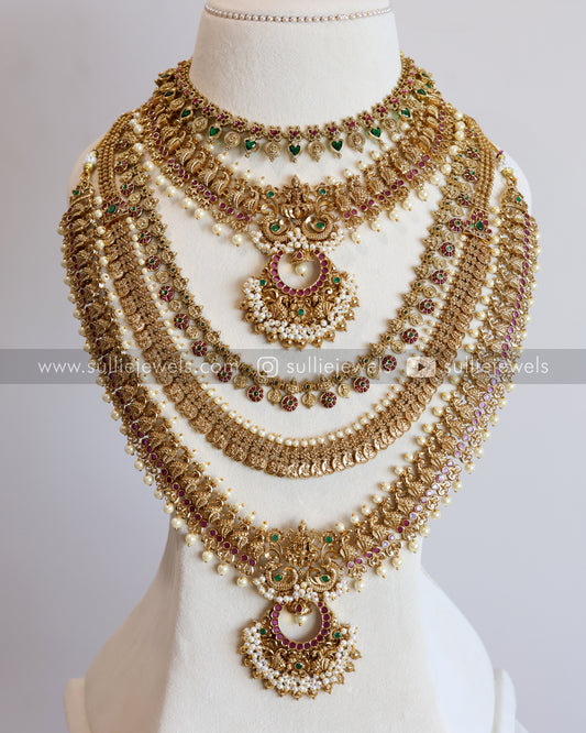 Designer Pearl & Traditional Palakka Coin Bridal Combo ( 6 Piece )