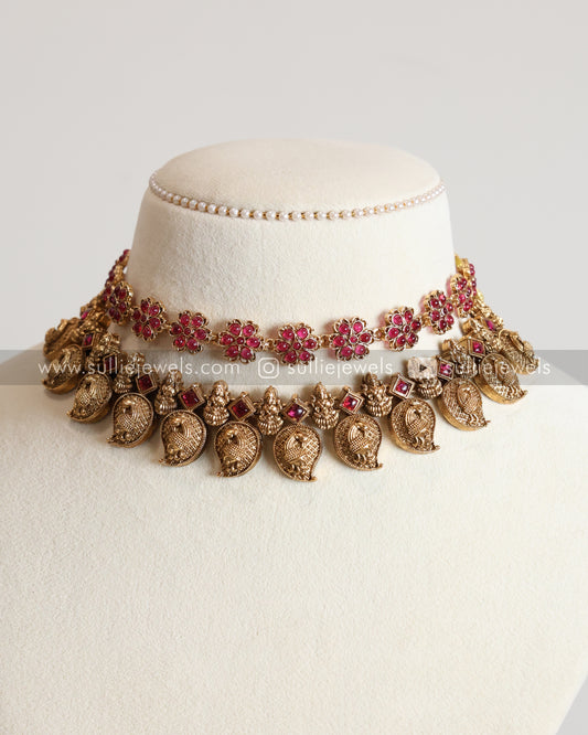 Ruby Stone Flower & Mango Layered Combo with Earrings