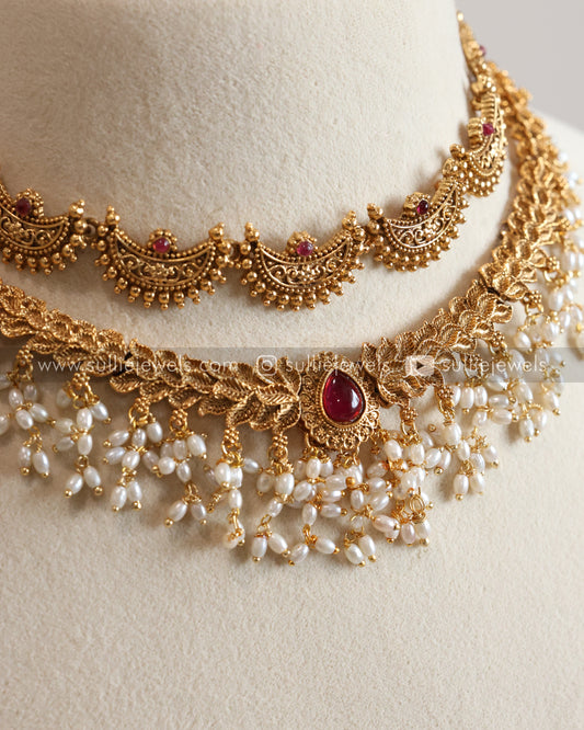 Ruby Chandra & Pearl Necklace with Earrings