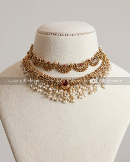 Ruby Chandra & Pearl Necklace with Earrings