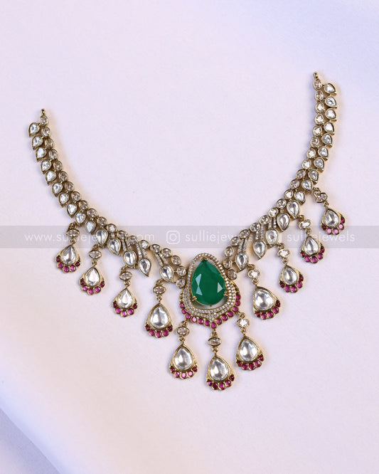 3938 - Victorian Green Centre Stone Raindrop Polki Necklace with Earring