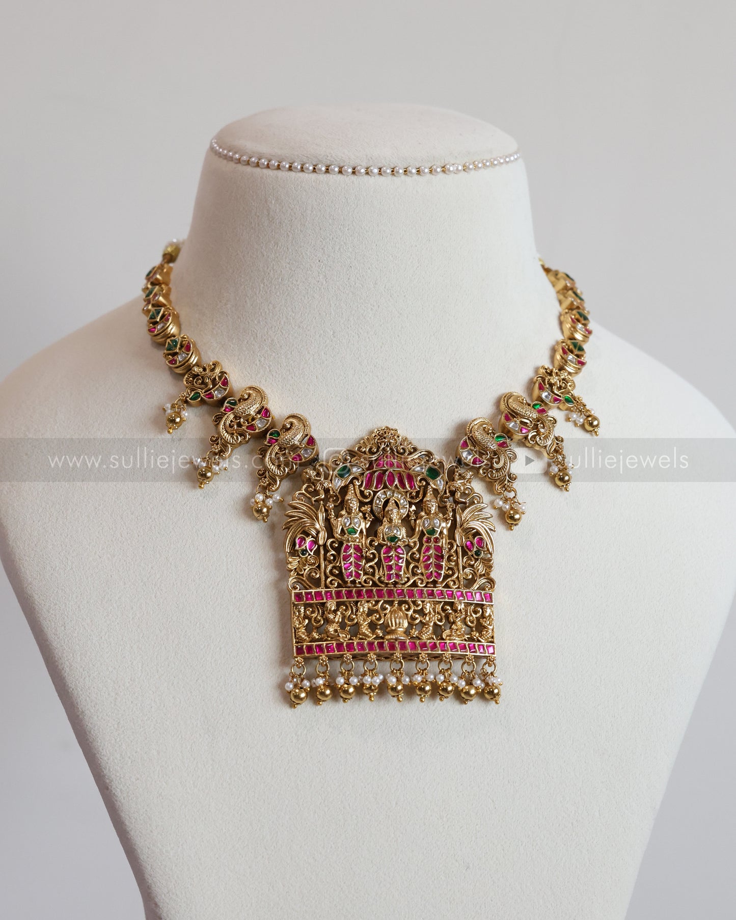 3655 - Premium Jadau Kemp Ram Parivar Necklace with Earring - Gold Beads
