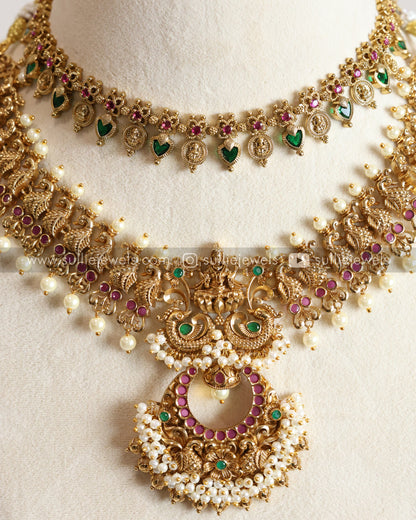 Palakka Coin & Pearl Lakshmi Layered Combo with Earrings