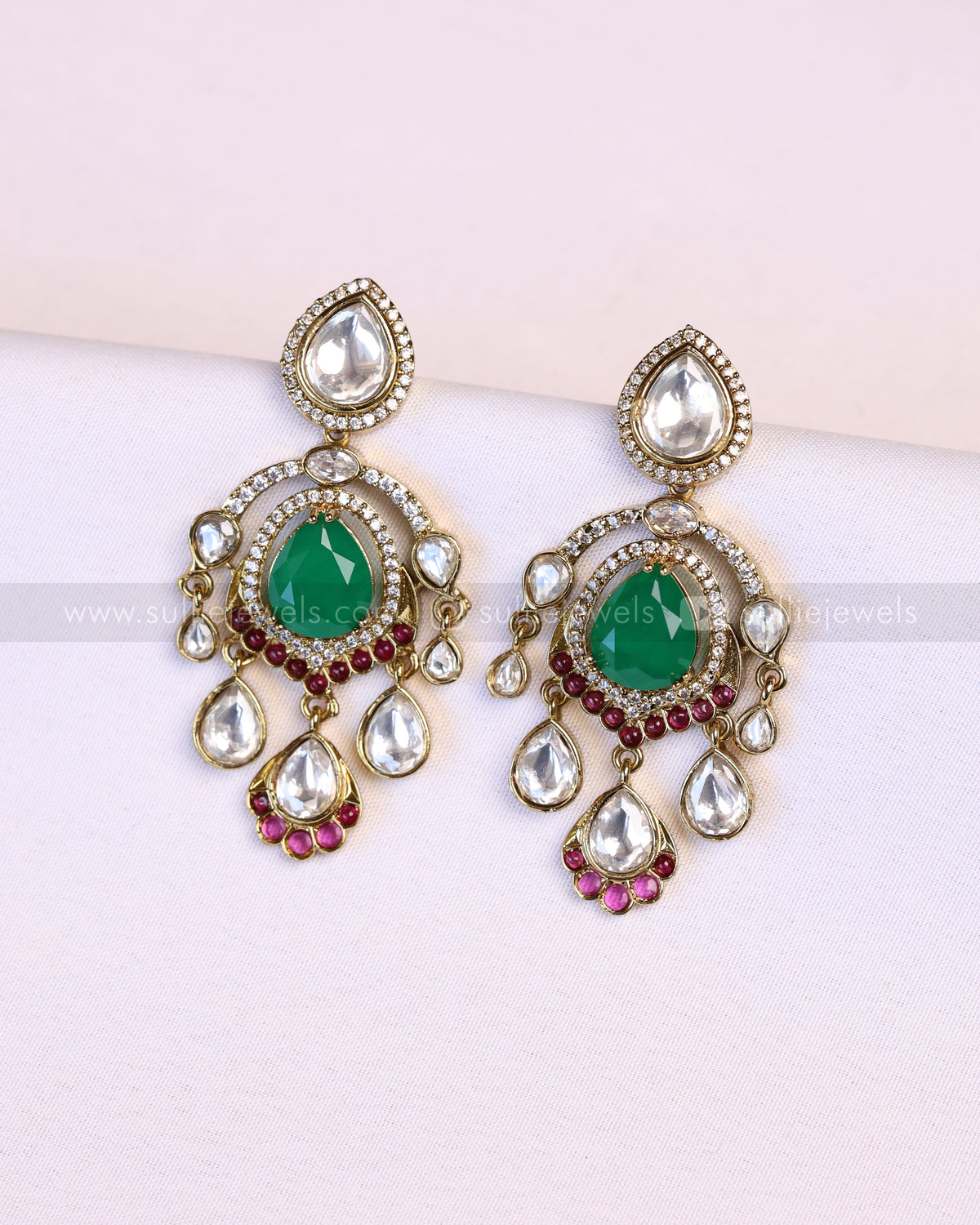 3938 - Victorian Green Centre Stone Raindrop Polki Necklace with Earring