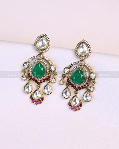 3938 - Victorian Green Centre Stone Raindrop Polki Necklace with Earring