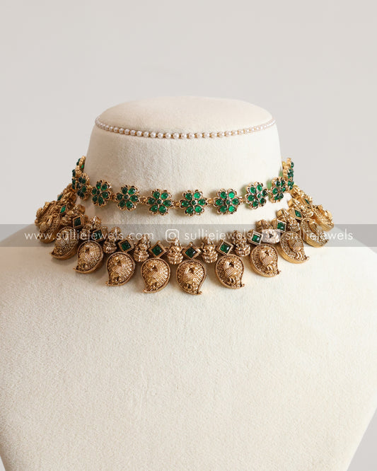 Green Stone Flower & Mango Layered Combo with Earrings