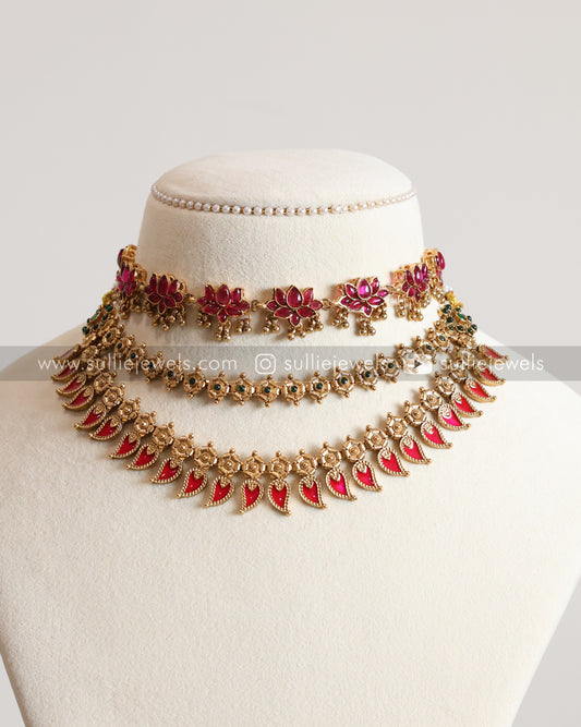 Sullie Basic - Ruby Lotus Palakka Mango Layered Combo with Earrings