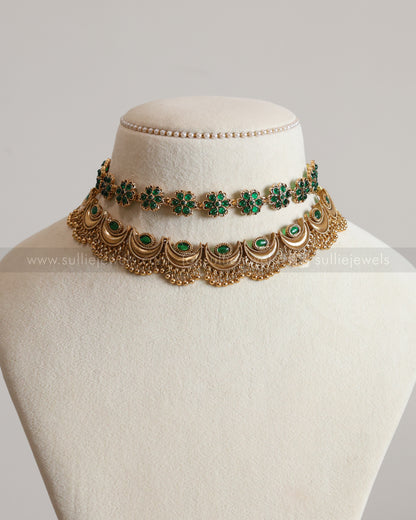 Sullie Basic Green Floral Chandbali Layered Combo