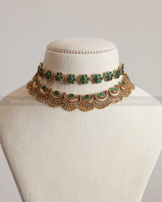 Sullie Basic Green Floral Chandbali Layered Combo