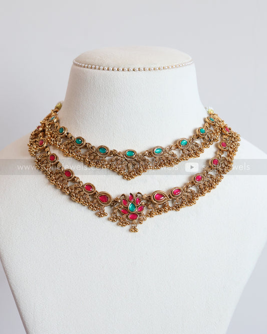 3790 - Sullie Basic - Two Layer Multicolour Jadau Replica Necklace with Stud