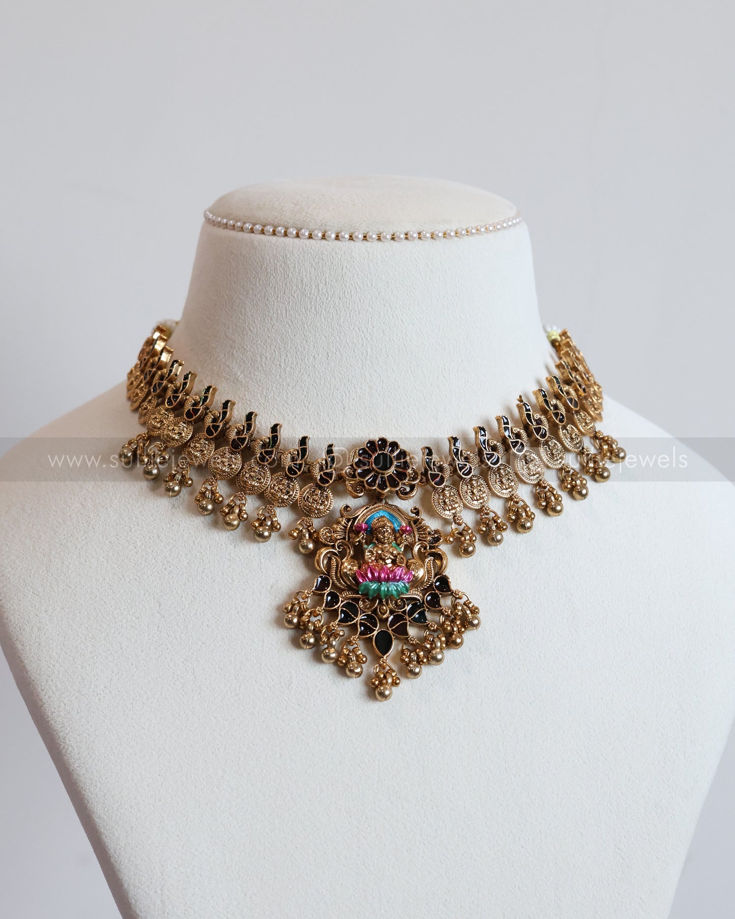 3791 - Sullie Basic - Meenakari Lakshmi Pendant Peacock Coin Necklace with Jhumka