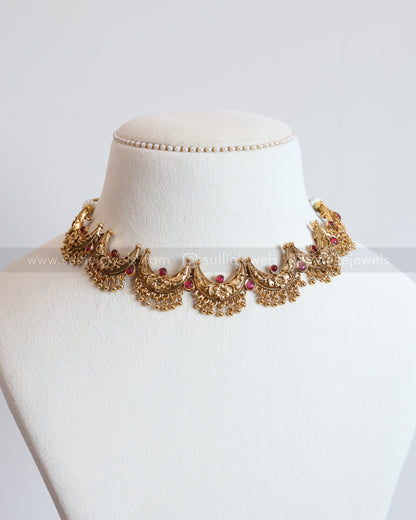 3795 - Sullie Basic - Ruby Antique Gold Ardha Chandra Necklace with Stud