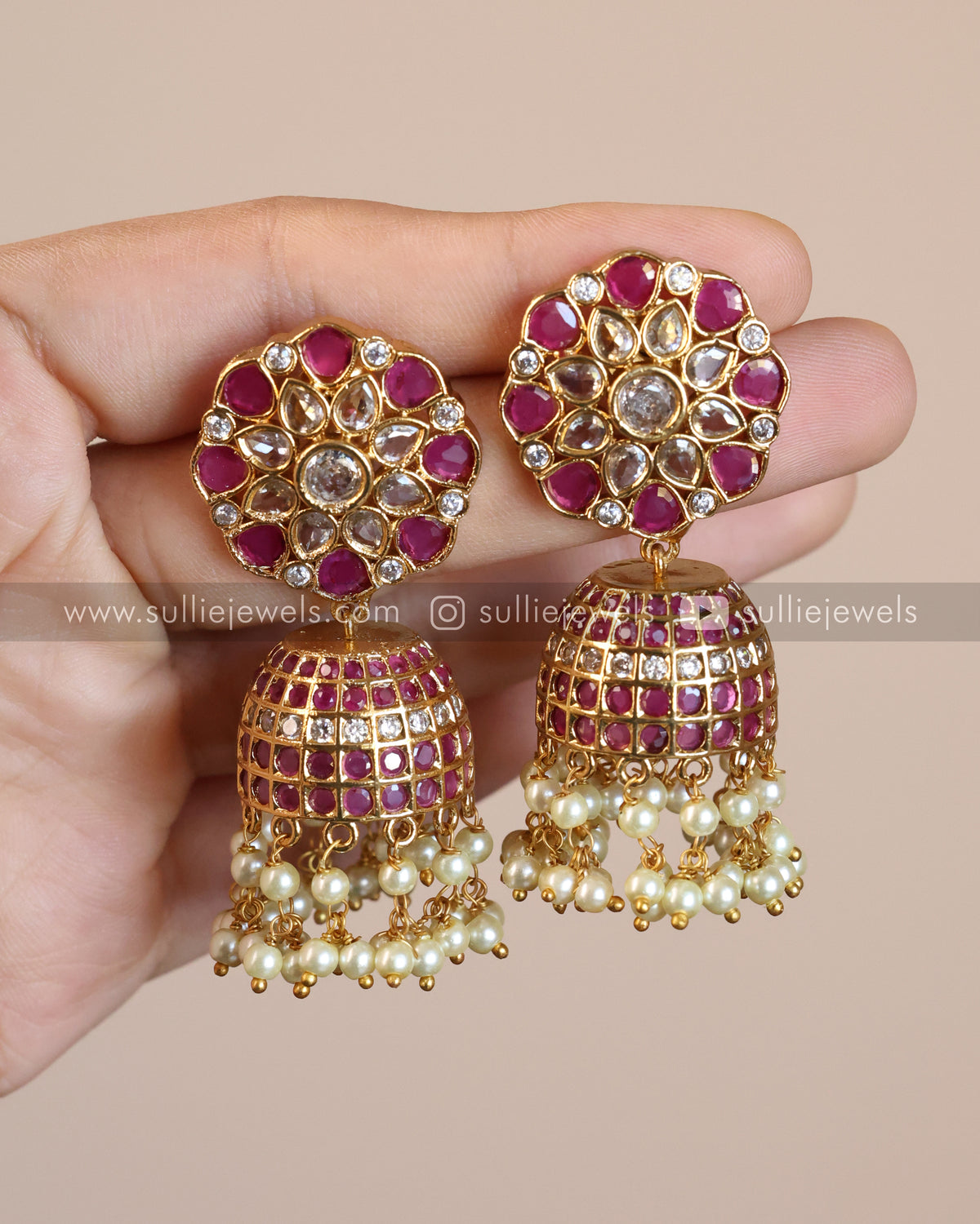 Jhumka Rhinestone Ruby Stone Jhumka with Pearl drops β sulliejewels