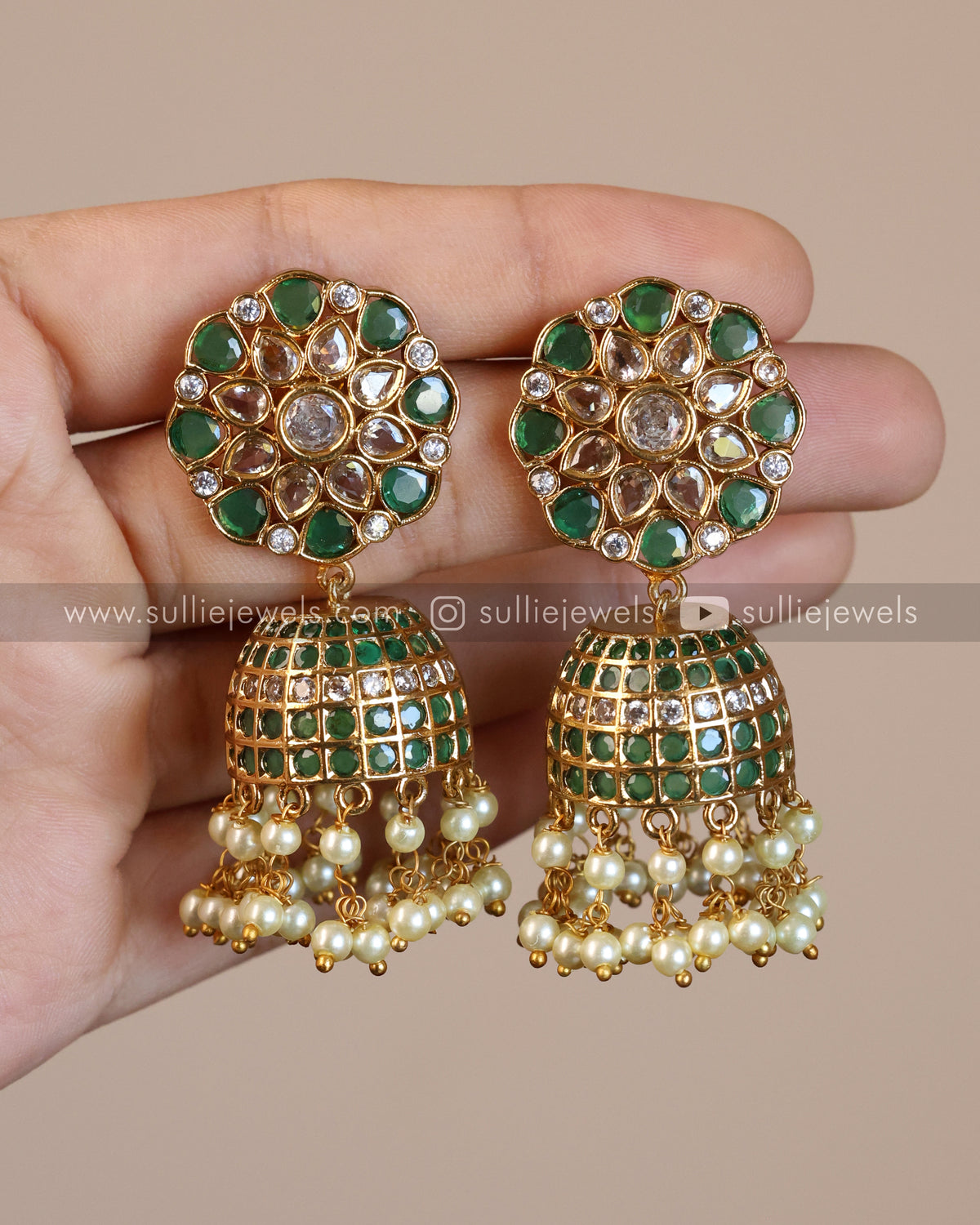 Jhumka Rhinestone Emerald Stone Jhumka with Pearl drops β sulliejewels