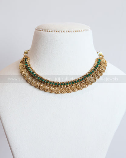 3793 - Sullie Basic - Lakshmi Coin Green Kaashu Maala / Coine Necklace with Stud