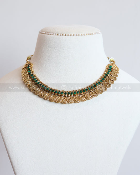 3793 - Sullie Basic - Lakshmi Coin Green Kaashu Maala / Coine Necklace with Stud