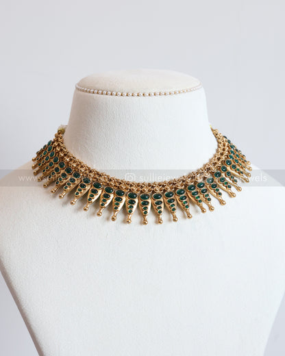 3740 - Green Stone Golden Spike Necklace with Stud