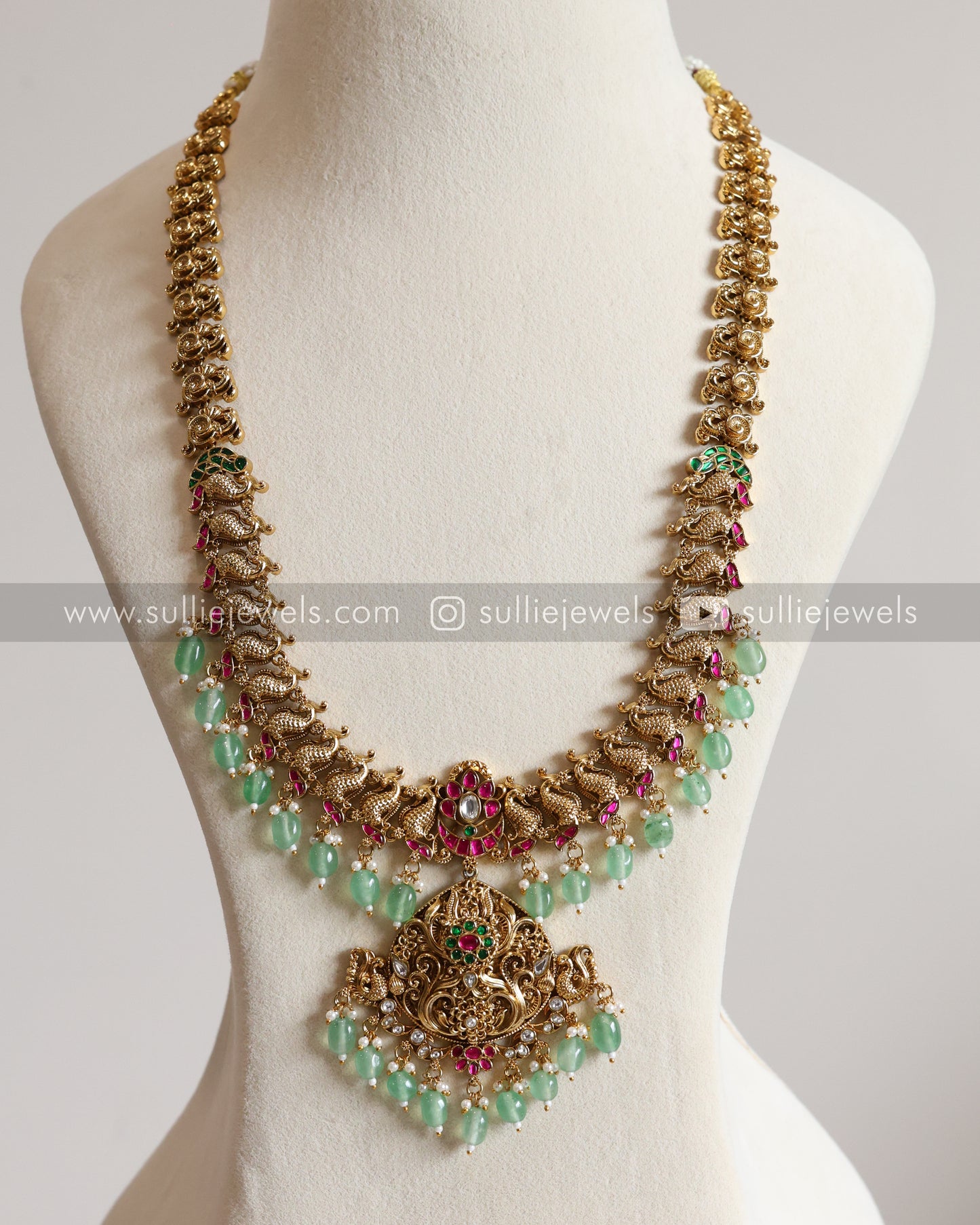 Peacock Lightweight Matte finish-No Idol Bridal combo - Mint beads ( 3 Piece )