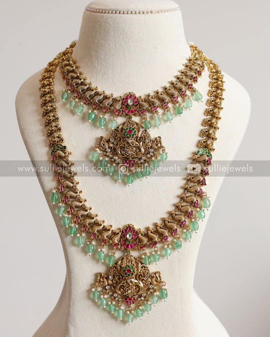 Peacock Lightweight Matte finish-No Idol Bridal combo - Mint beads ( 3 Piece )