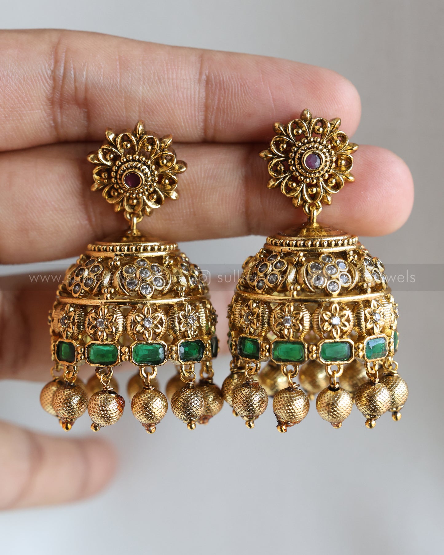 E1224 - Floral Green Gold Premium Jhumka