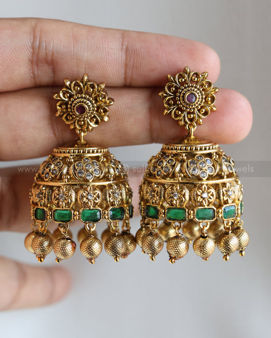 E1224 - Floral Green Gold Premium Jhumka