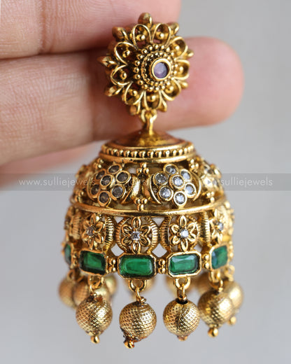 E1224 - Floral Green Gold Premium Jhumka
