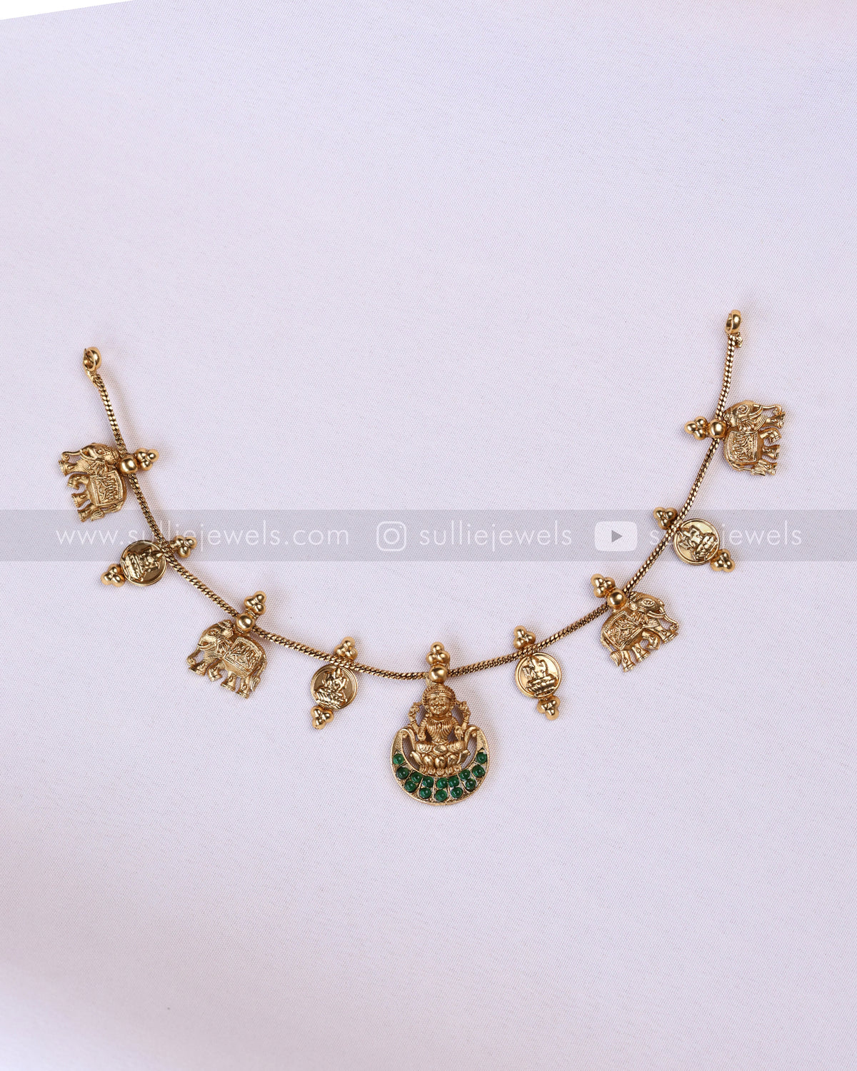 3946 - Sullie Basic Green Lakshmi Elephant Coin Minimal Necklace with Stud