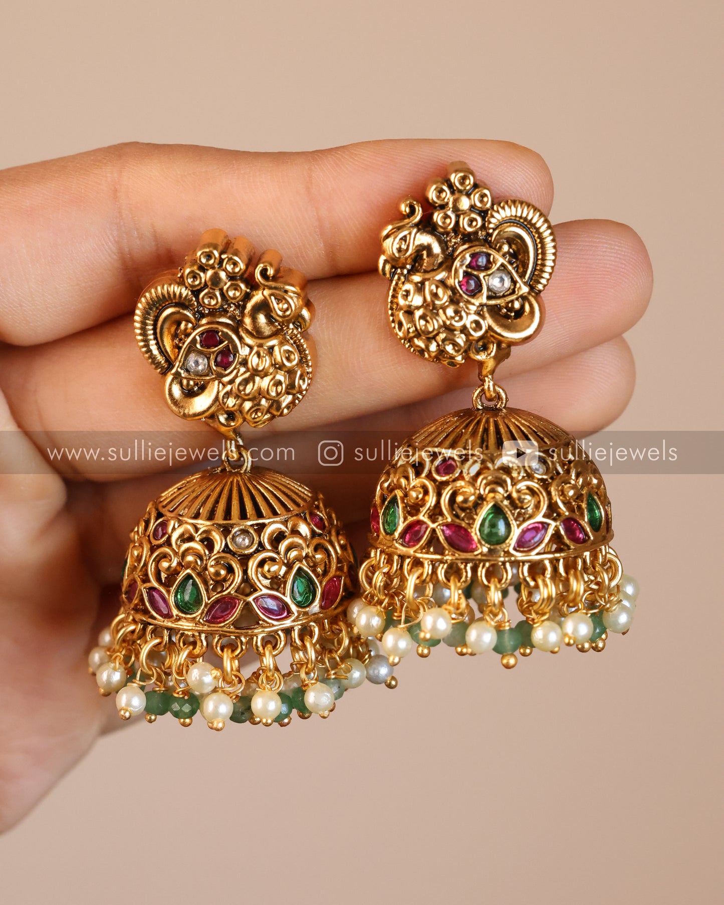 No Idol Premium Peacock Antique Long Chain / Haaram with Jhumka - Mint Beads