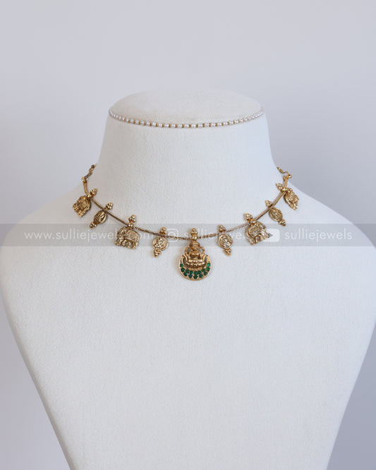 3946 - Sullie Basic Green Lakshmi Elephant Coin Minimal Necklace with Stud