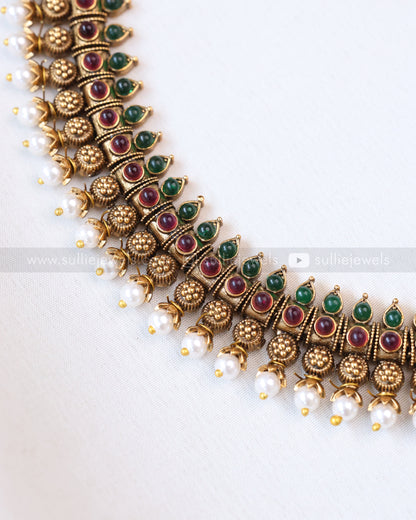 3800 - Sullie Basic - Antique Gold Multi Stone Pearl Necklace with Stud