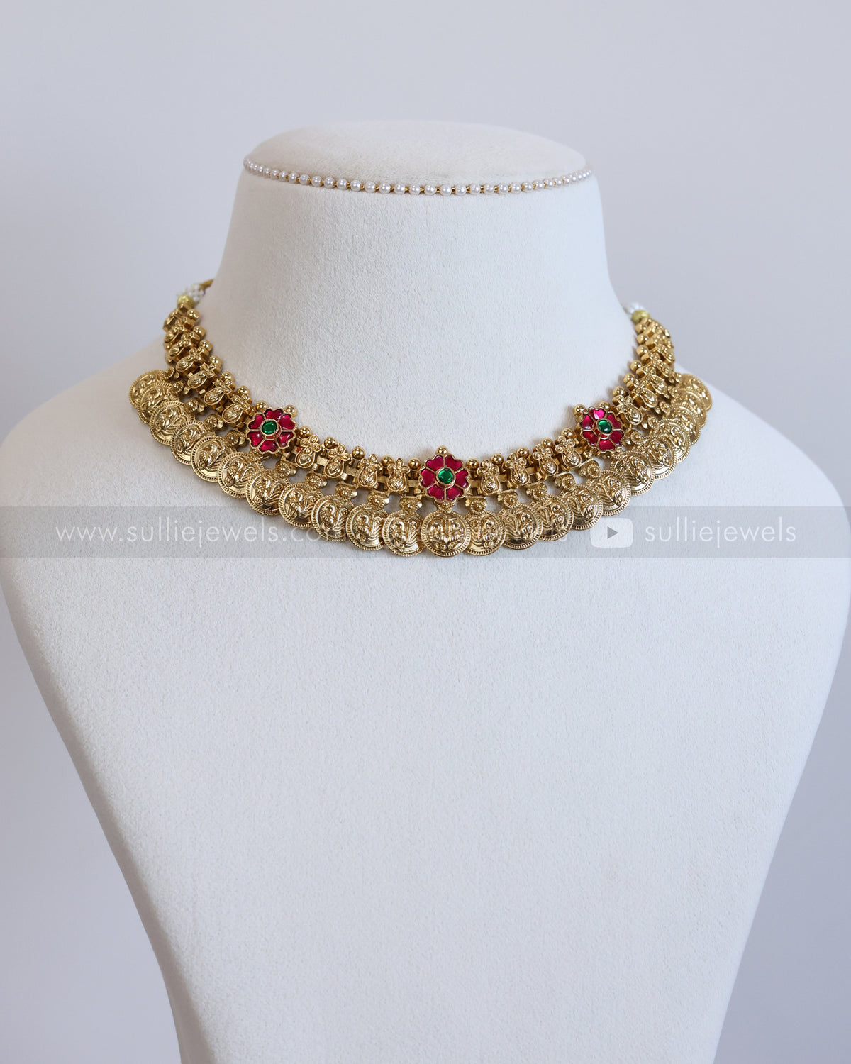 3888 - Premium Ruby Flower No Idol Coin Necklace with Jhumka