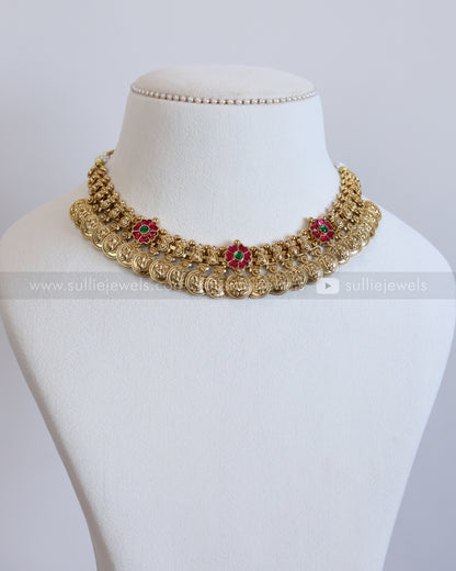 3888 - Premium Ruby Flower No Idol Coin Necklace with Jhumka