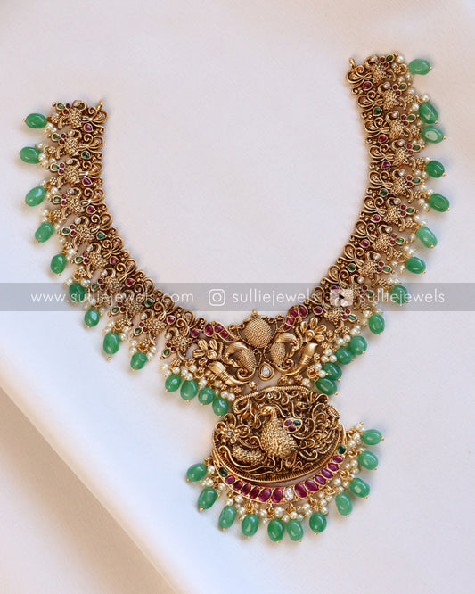 No Idol Premium Peacock Antique Necklace with Jhumka - Mint Beads