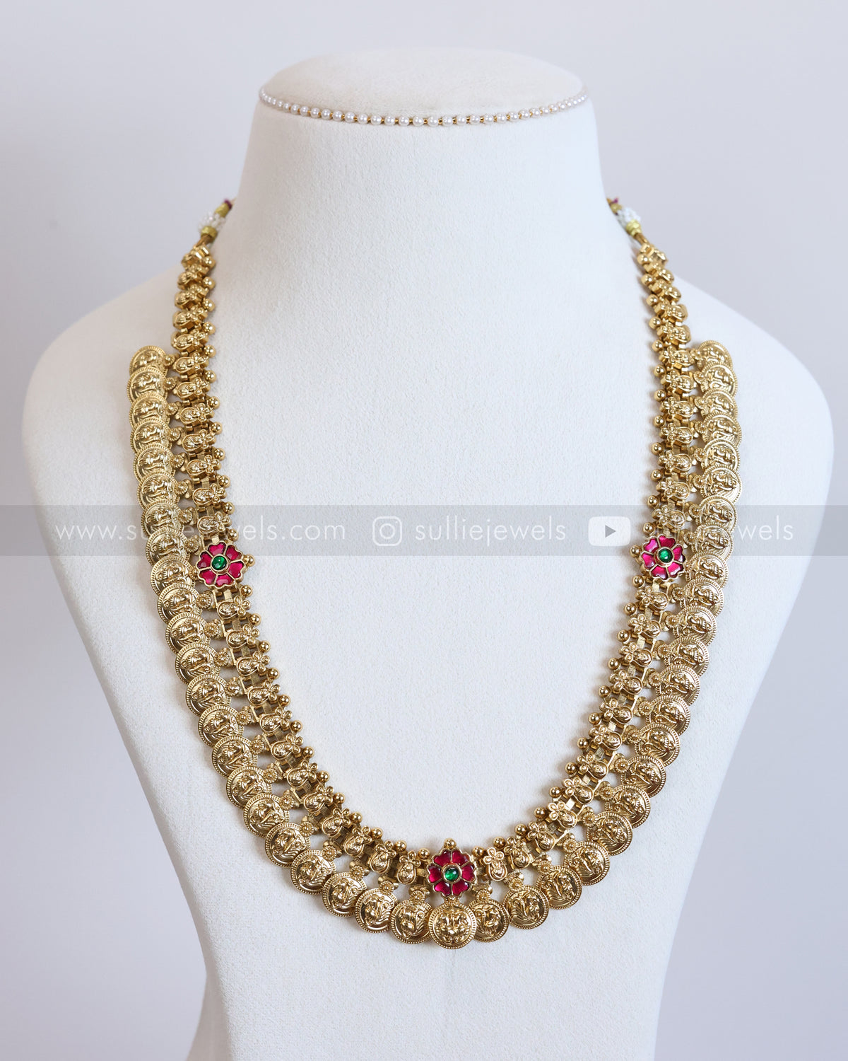7203 - Premium Ruby Flower No Idol Coin Haaram with Jhumka