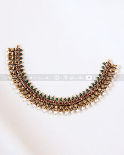3800 - Sullie Basic - Antique Gold Multi Stone Pearl Necklace with Stud