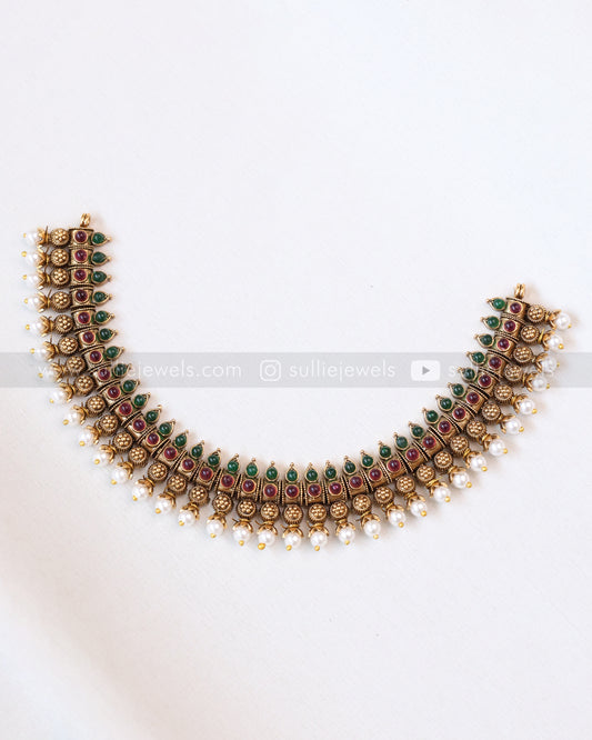 3800 - Sullie Basic - Antique Gold Multi Stone Pearl Necklace with Stud