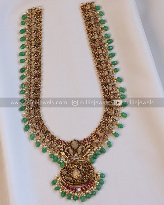 No Idol Premium Peacock Antique Long Chain / Haaram with Jhumka - Mint Beads