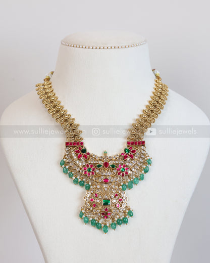 3886 - Jadau Kemp Stone Coin Mint Beads Necklace with Jhumka