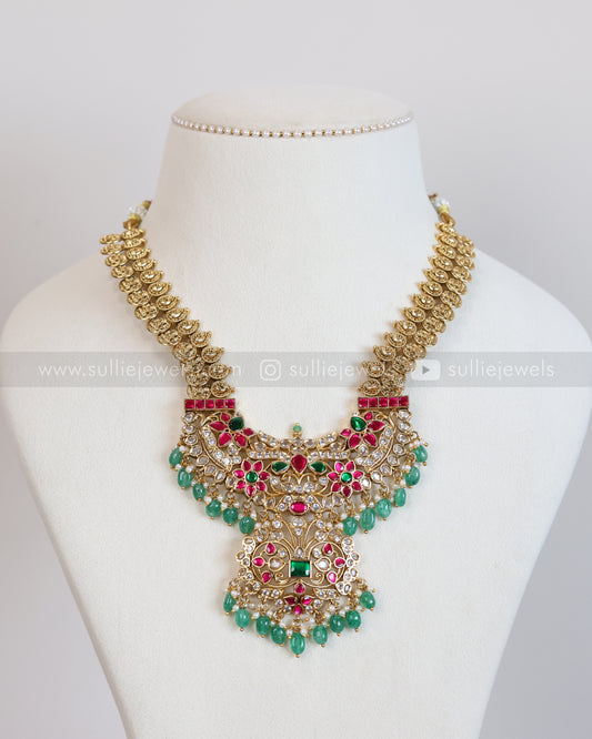 3886 - Jadau Kemp Stone Coin Mint Beads Necklace with Jhumka